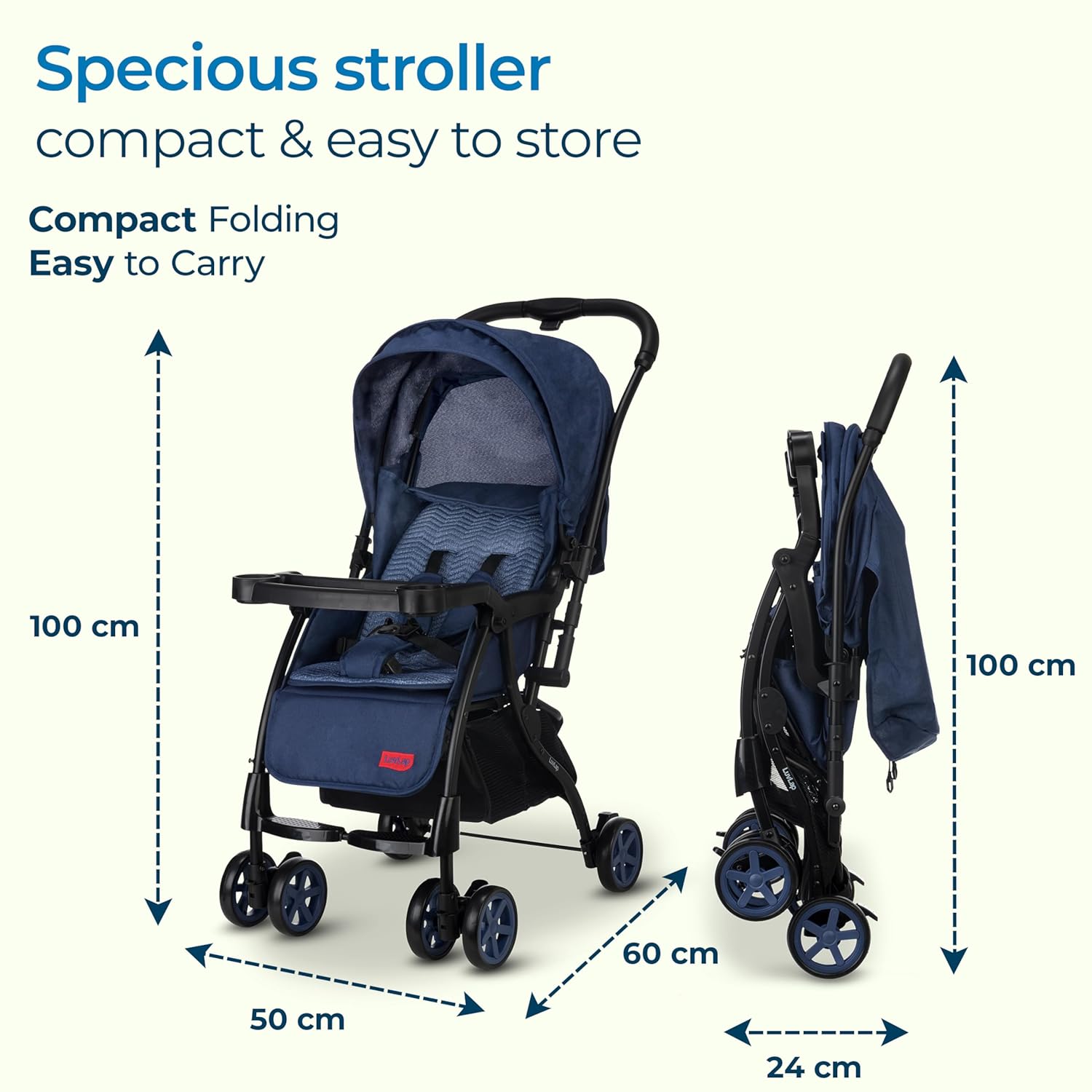 LuvLap Sunshine Plus blue baby stroller, compact and foldable. www.usmile.toys